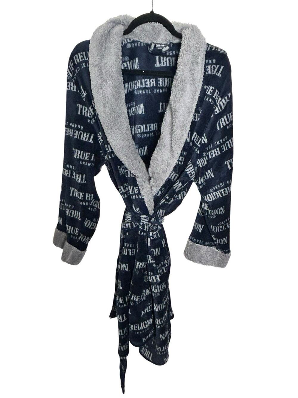 True Religion Men's Fleece Sherpa-Lined Robe Blue/Gray L Tie Belt Shawl